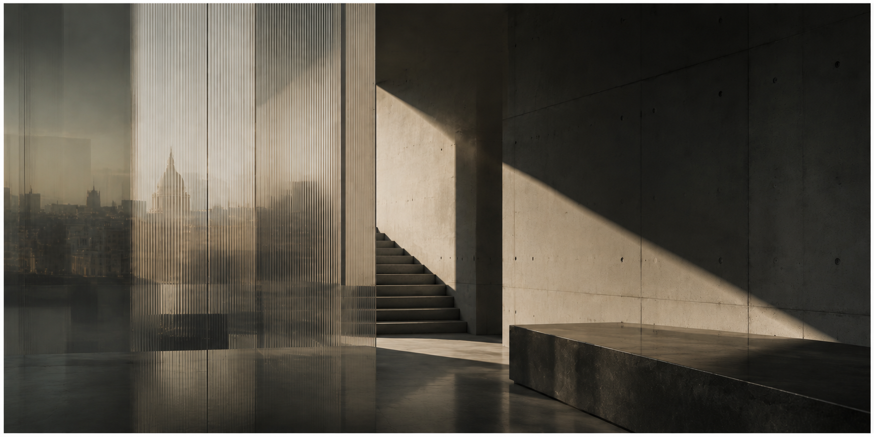 Minimalist architectural space representing governance, perspective and human judgement.